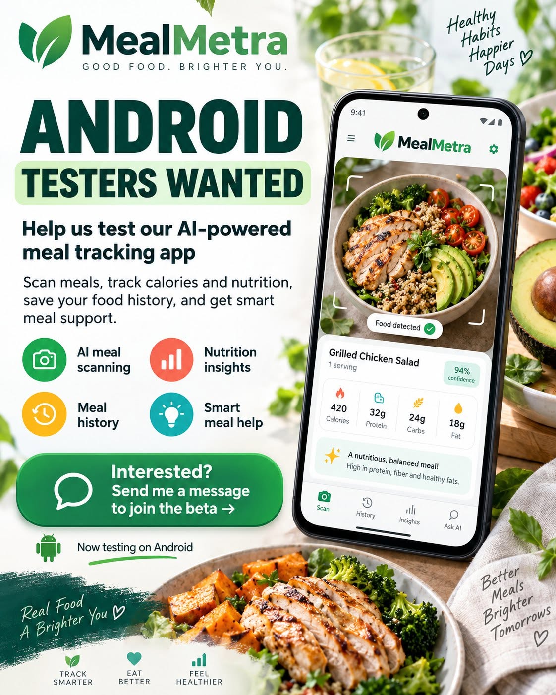 MealMetra Android app marketing artwork showing a meal being scanned