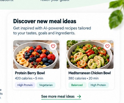 MealMetra meal idea cards with healthy recipe suggestions